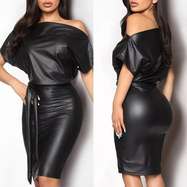Women Black PU Leather Bodycon Short Mini Pencil Dress Mesh Wet Look Clubwear 